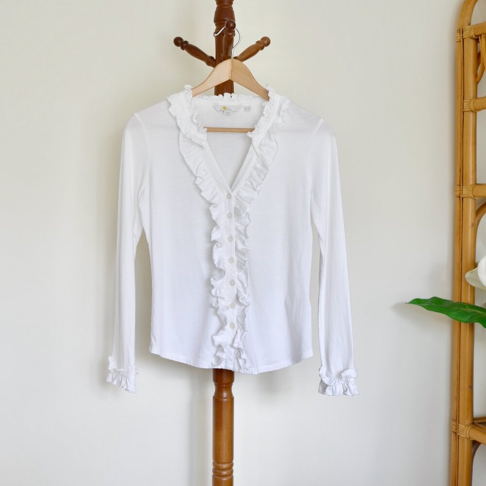 Boden Women's Ruffled V-Neck White Soft Jersey Knit Button-Down Blouse 2P